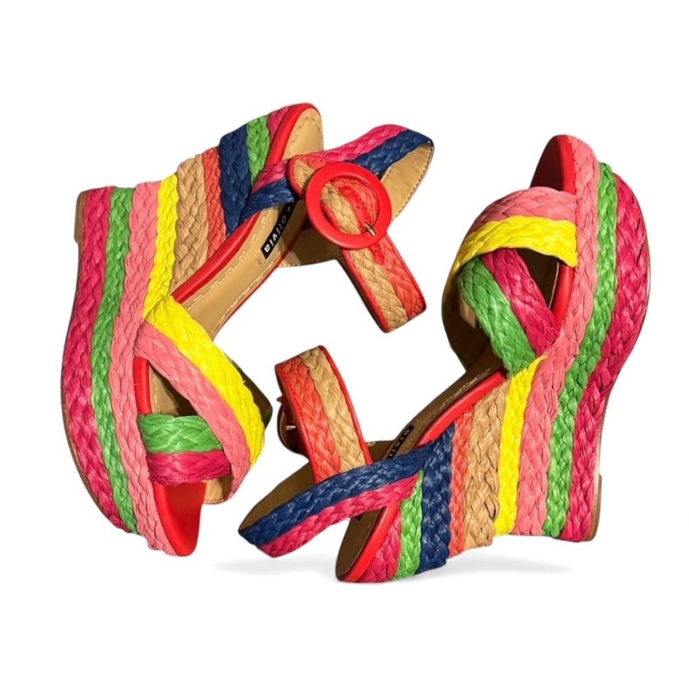 NEW Alice + Olivia Rainbow Espadrilles Raffia Platform Wedge Sandals Shoes 8.5 - Picture 3 of 9